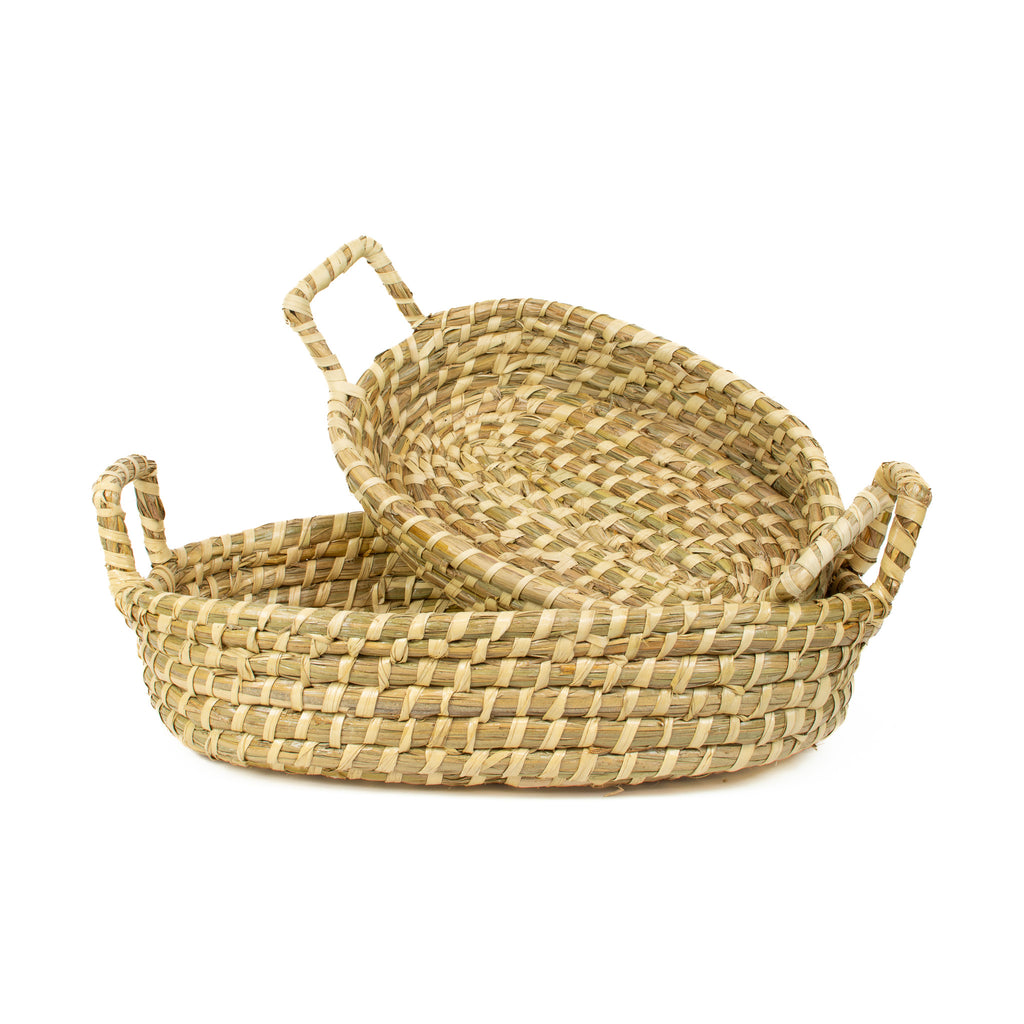 Seagrass Oval Tray Baskets With Handles - 2 Piece Set